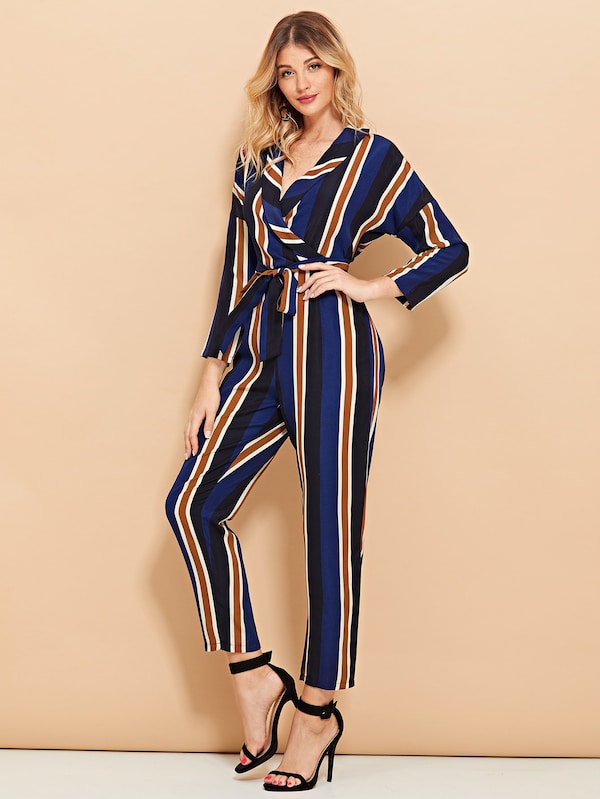 Striped Wrap Self Tie Waist Jumpsuit