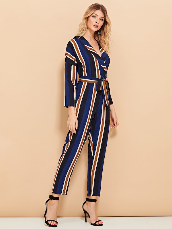 Striped Wrap Self Tie Waist Jumpsuit