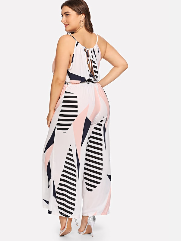 Plus Size Geometrical Print Self Tie Suspender Jumpsuit