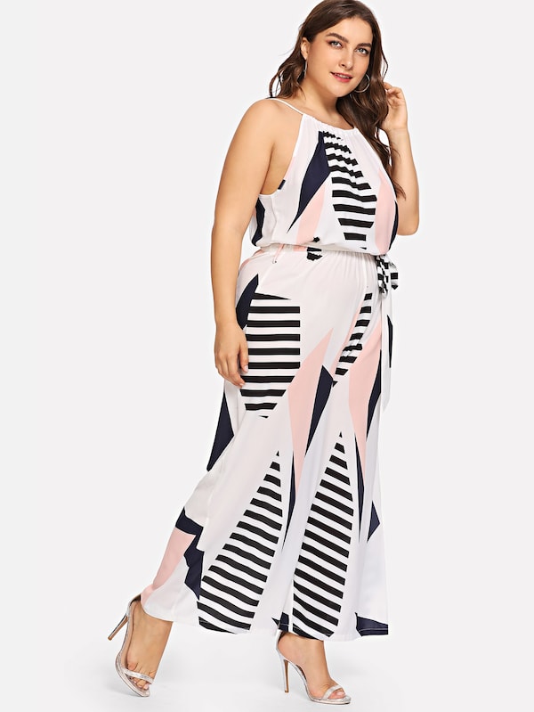 Plus Size Geometrical Print Self Tie Suspender Jumpsuit