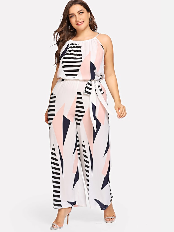 Plus Size Geometrical Print Self Tie Suspender Jumpsuit