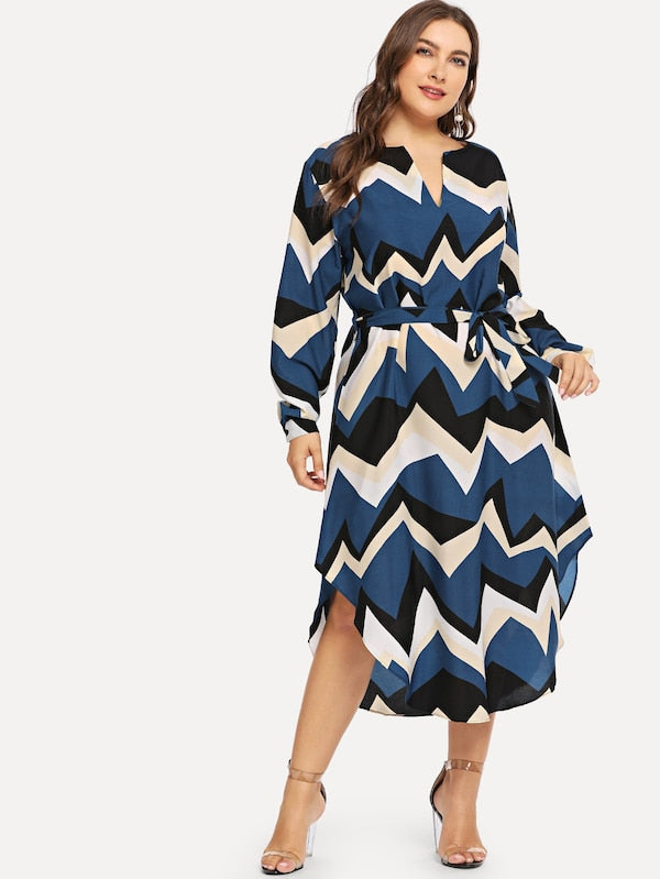 Plus Size V-Cut Neck Chevron Print Dress