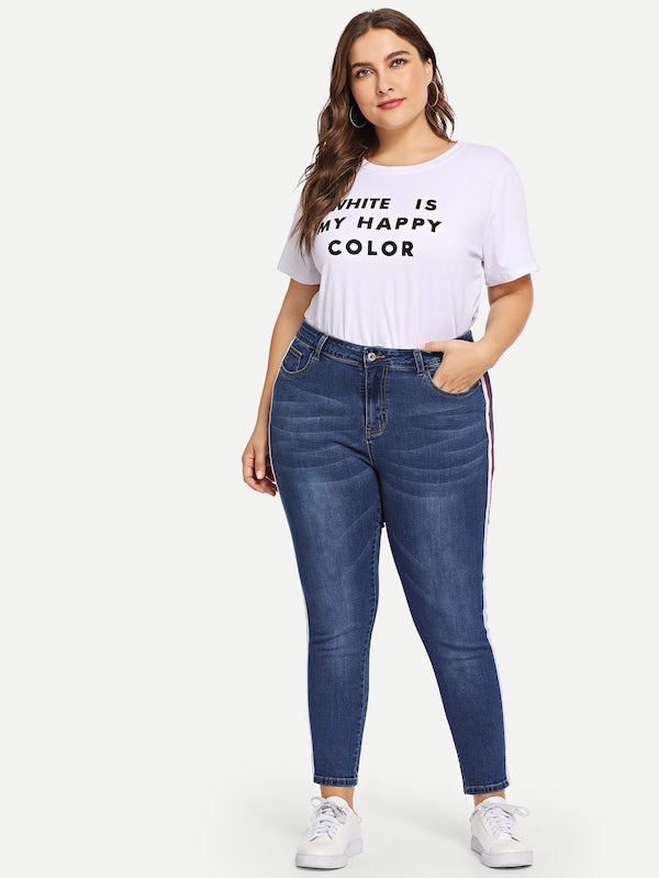 Plus Size Contrast Tape Side Bleach Wash Jeans