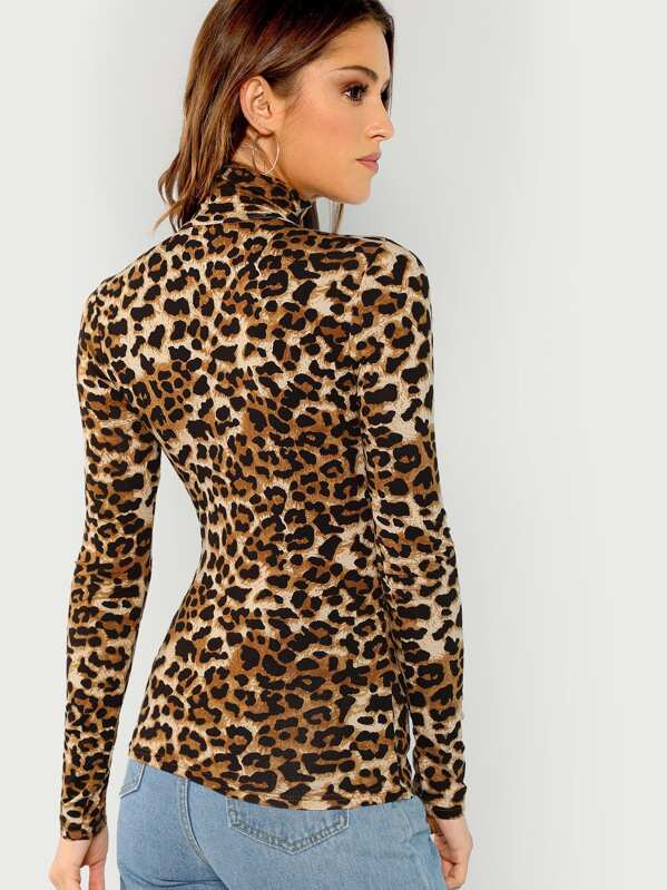 High Neck Leopard Print Fitted Top