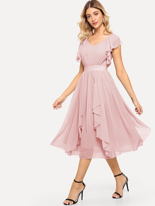 Flounce Detail Layered Midi Dress