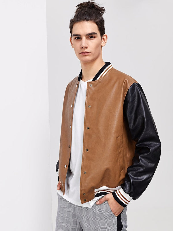 Men Press Button Up PU Bomber Jacket