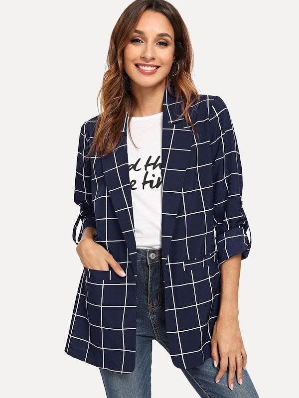 Dual Pocket Plaid Blazer in Navy
