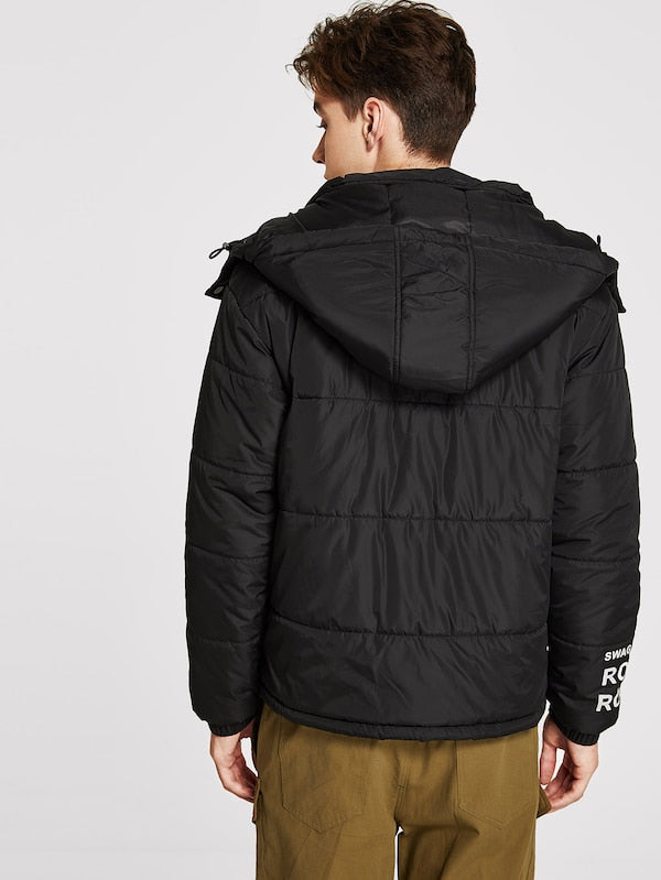 Men Letter Print Drawstring Hem Hooded Padded Coat