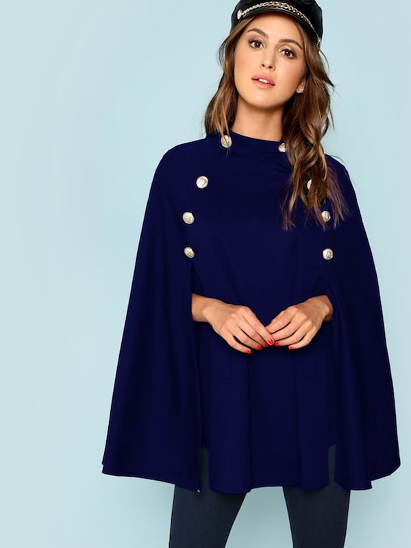 Double Button Mock Navy Poncho Coat