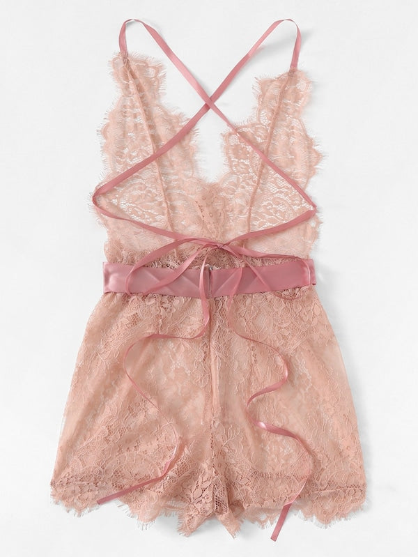 Eyelash Lace Criss Cross Romper Bodysuit