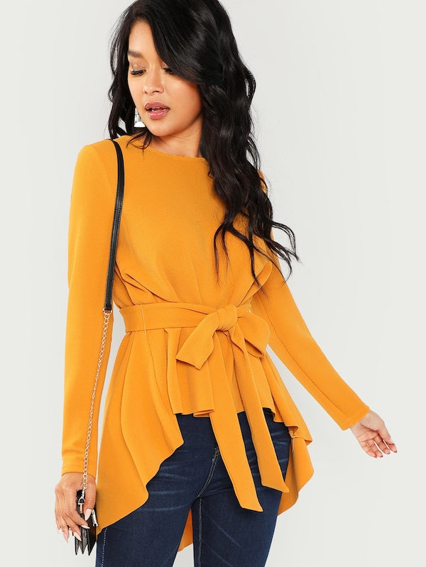 Self Belted Asymmetrical Hem Top