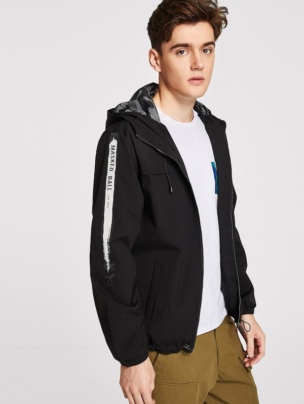 Men Letter Print Hooded Jacket