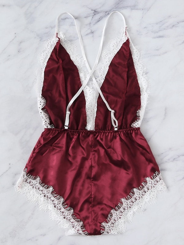 Criss Cross Lace Trim Romper Bodysuit