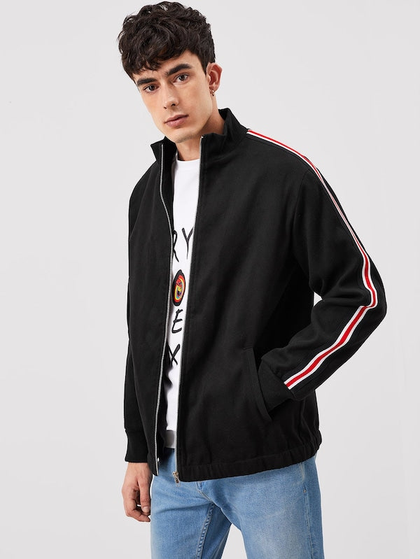 Men Zip Up Striped Trim Jacket