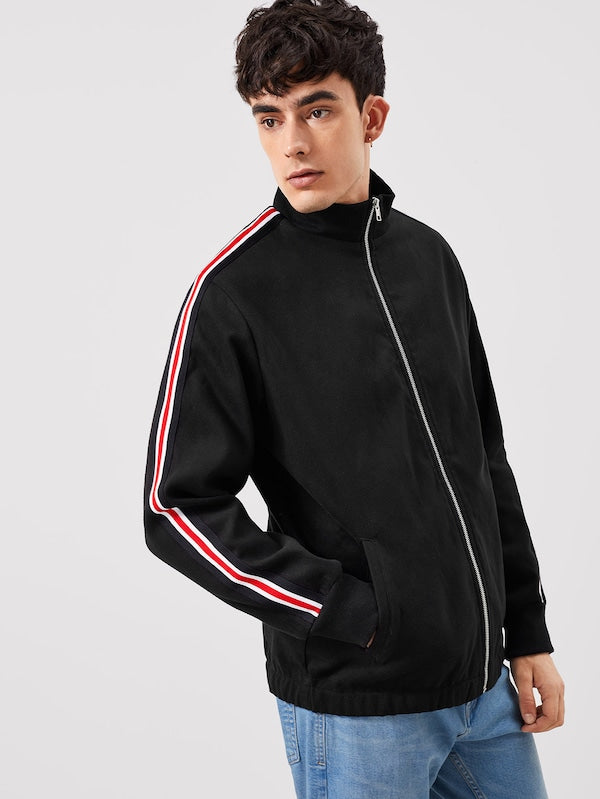 Men Zip Up Striped Trim Jacket