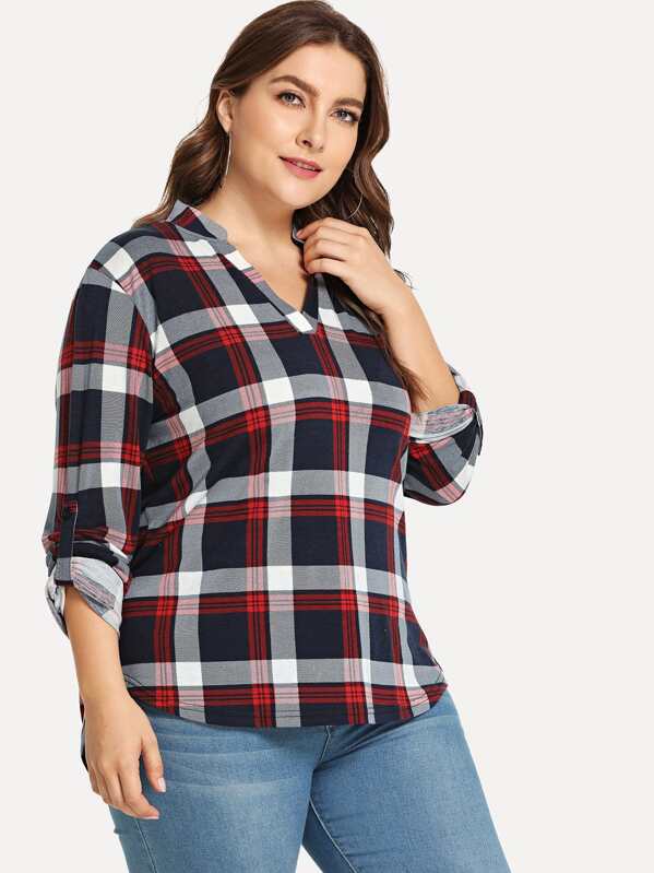 Plus V-Neck Plaid Blouse