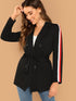 Striped Side Double Breasted Placket Belted Blazer