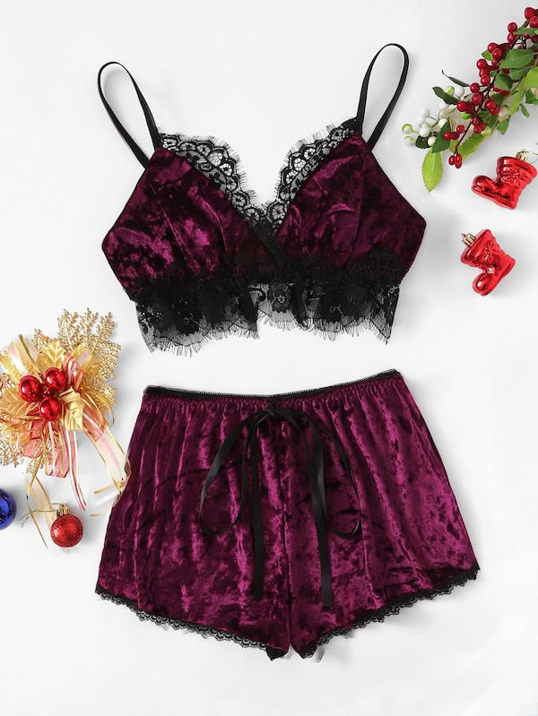 Lace Trim Split Cami Top & Shorts