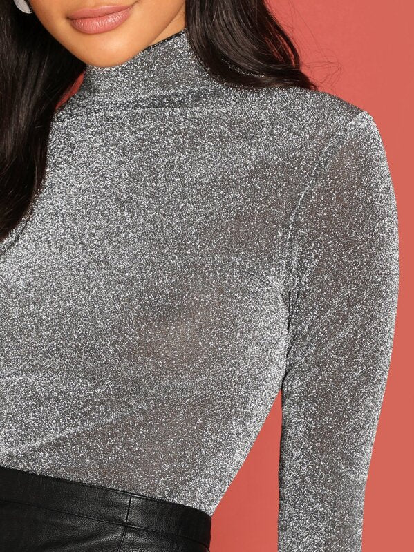Mock-Neck Form Fitting Glitter Tee