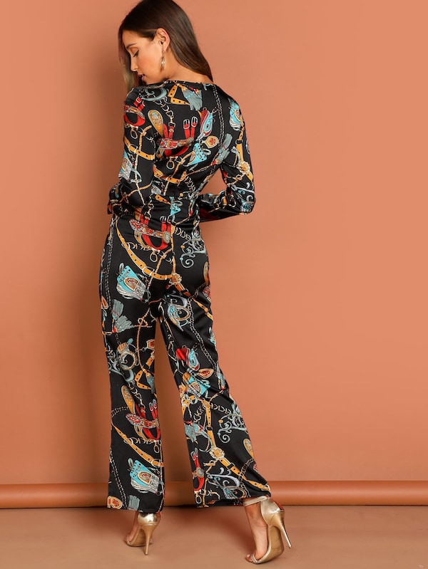 Waist Knot Chain Print V-Neck Jumpsuit