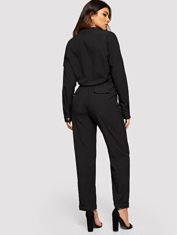 Drawstring Waist Single Breasted Utility Jumpsuit