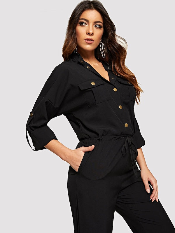 Drawstring Waist Single Breasted Utility Jumpsuit