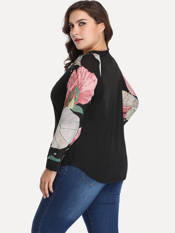 Plus Floral Print Sleeve Contrast Curved Hem Top