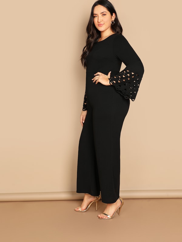 Plus Size Laser Cut Bell Sleeve Jumpsuit