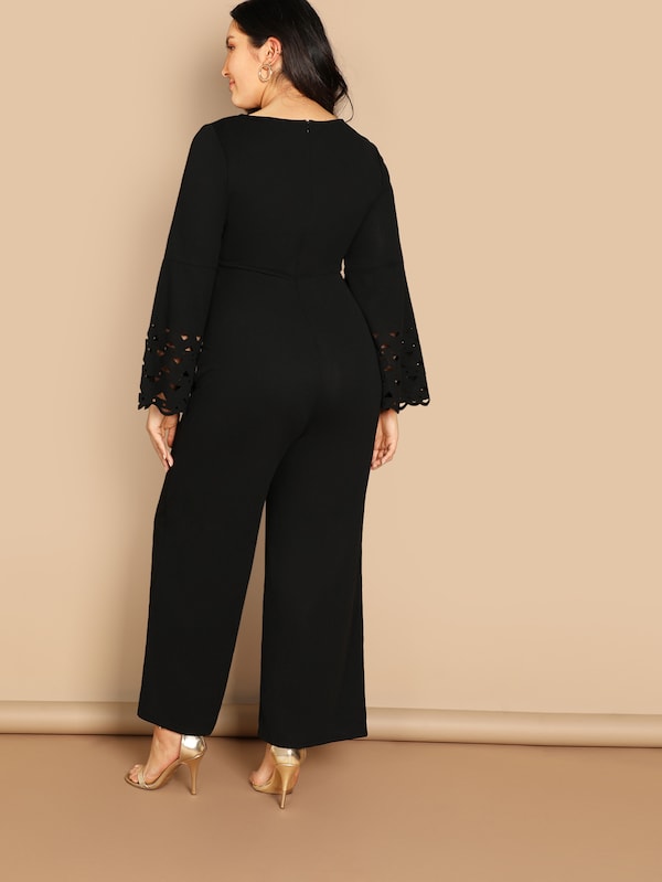 Plus Size Laser Cut Bell Sleeve Jumpsuit