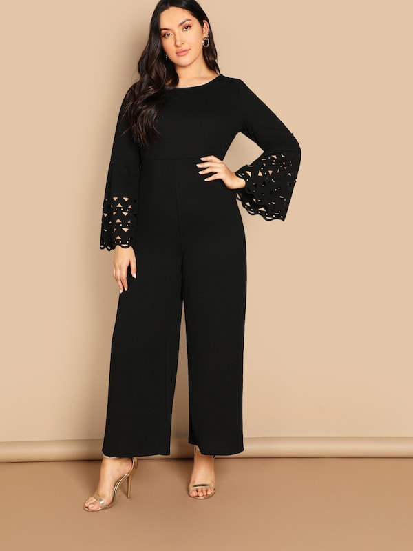 Plus Size Laser Cut Bell Sleeve Jumpsuit