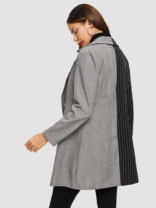 Notch Collar Colourblock Striped Coat