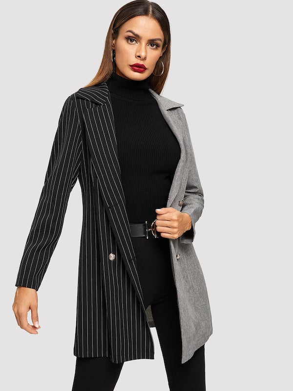 Notch Collar Colourblock Striped Coat