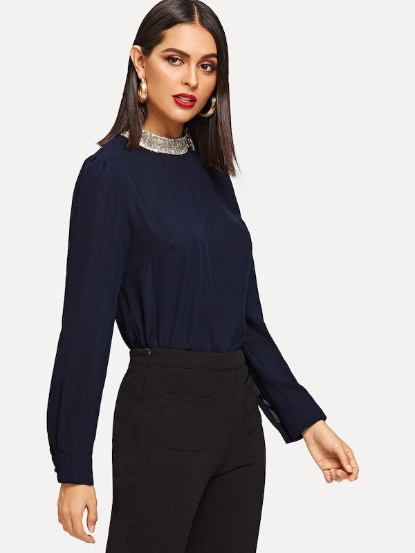 Contrast Sequin Buttoned Keyhole Blouse