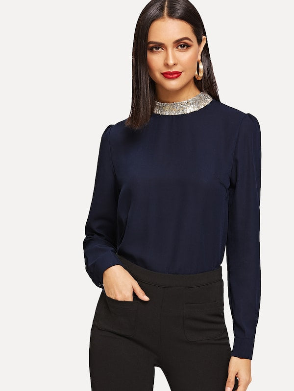 Contrast Sequin Buttoned Keyhole Blouse