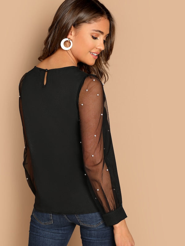 Pearl Beaded Mesh Sleeve Top