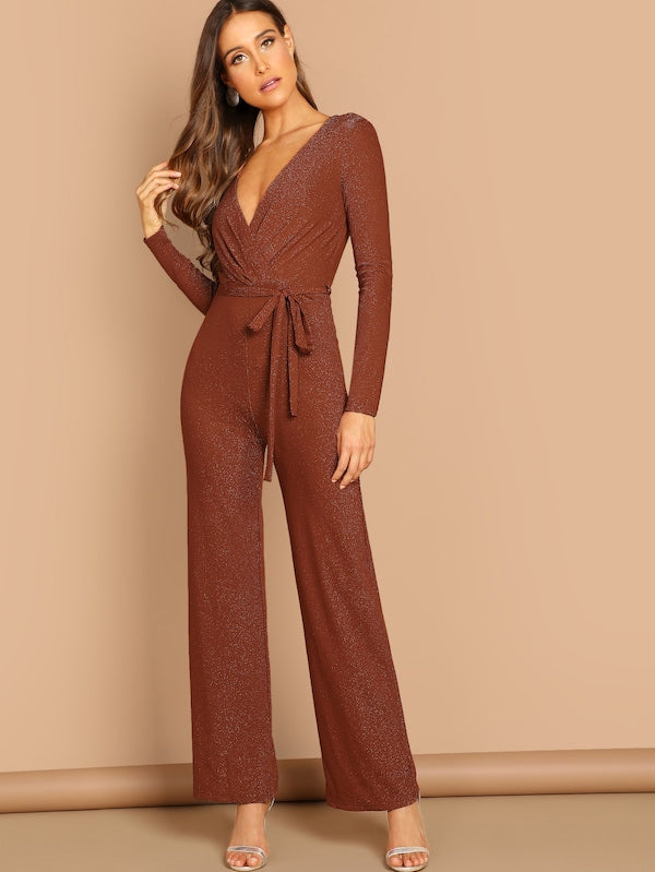 Plunging Neck Self Belted Wrap Glitter Jumpsuit