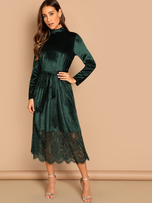 Waist Belted Mock-Neck Velvet Dress