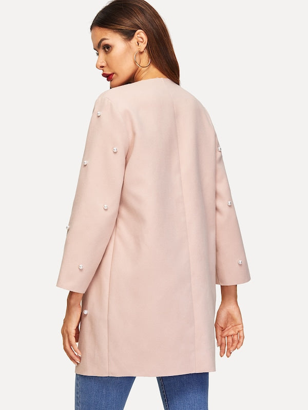 Open Front Pearls Beaded Solid Coat