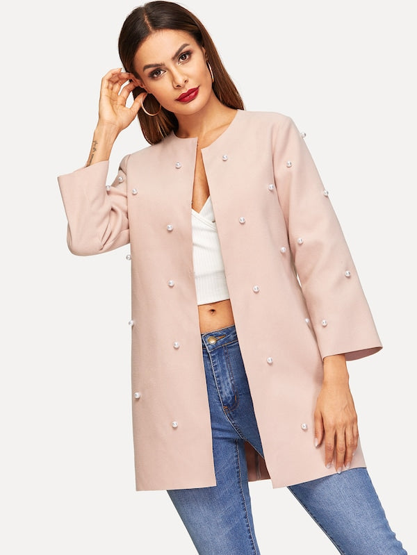 Open Front Pearls Beaded Solid Coat