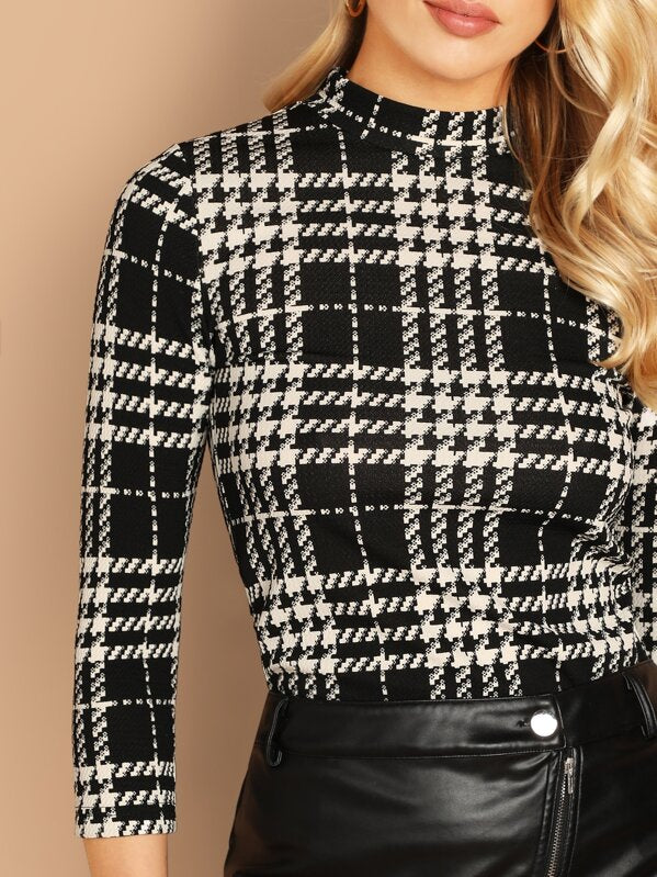 Mock Neck Plaid T-Shirt