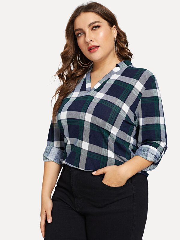 Plus Plaid V-Neck Navy Blouse