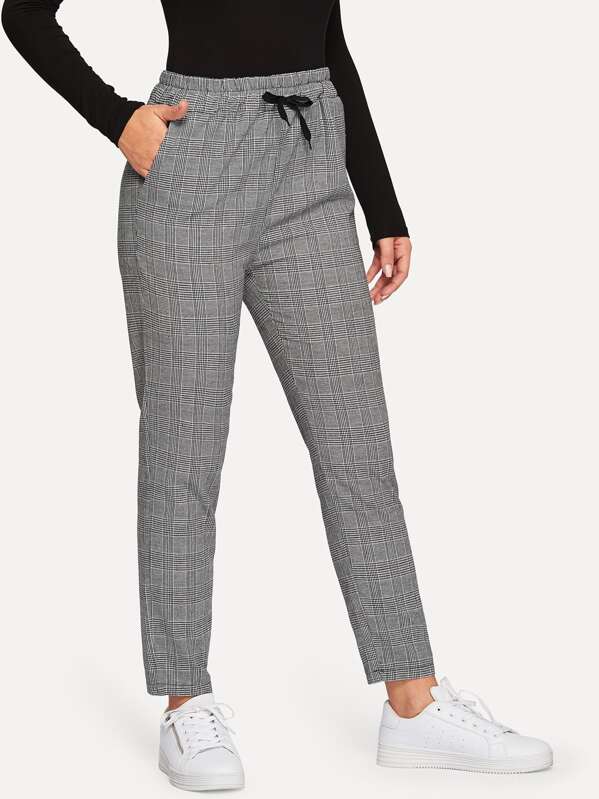 Drawstring Waist Plaid Trousers