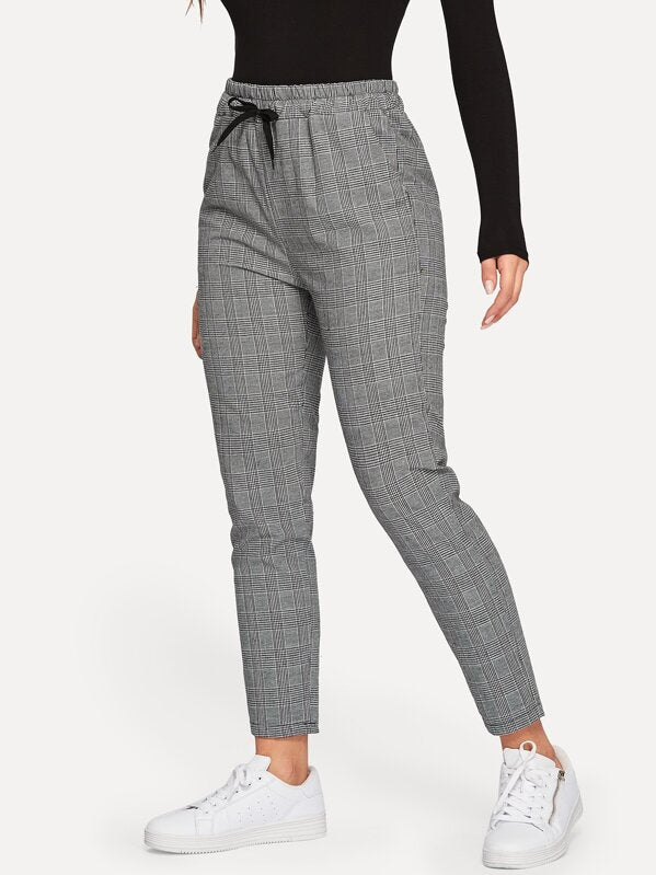 Drawstring Waist Plaid Trousers