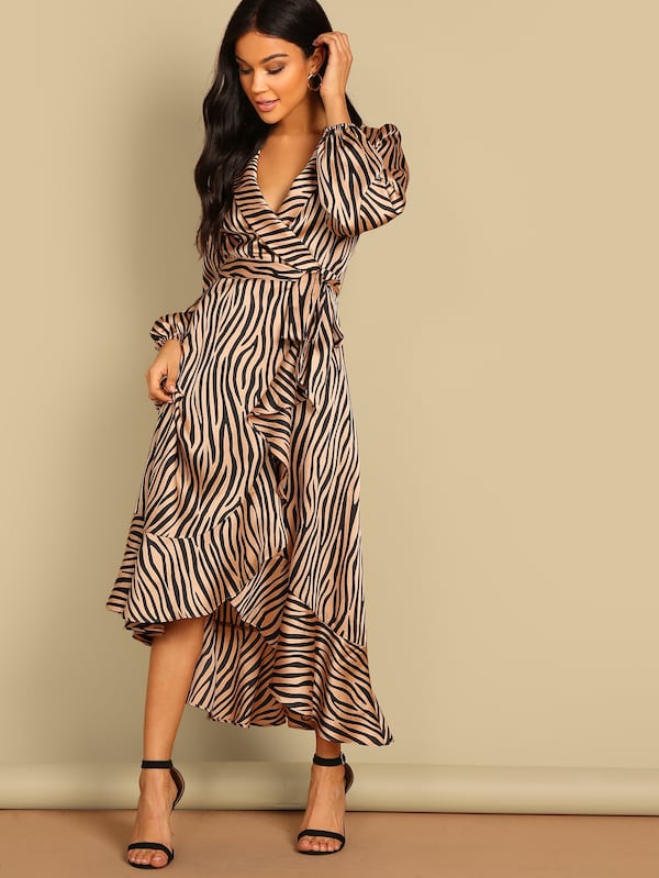 Surplice Wrap Ruffle Hem Zebra Dress