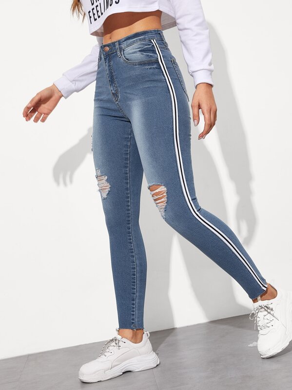 Stripe Side Ripped Jeggings