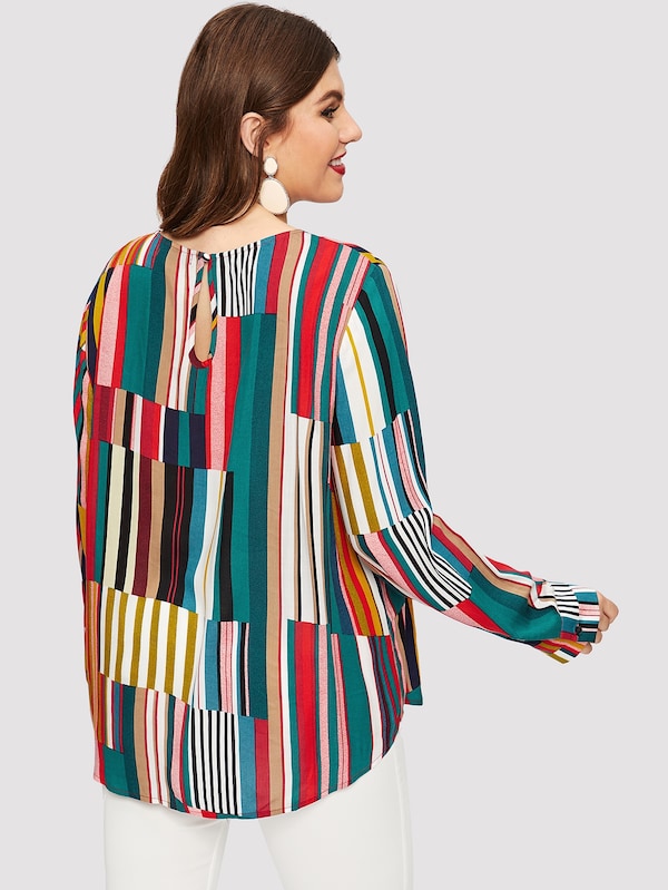 Plus Striped Curved Hem Blouse