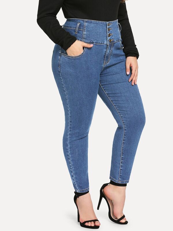Plus High Waist Button Jeans