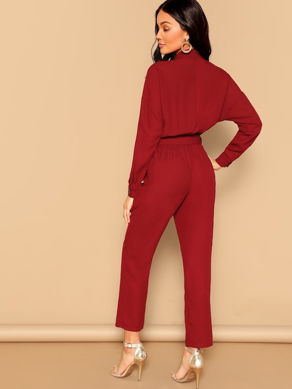 Drop Shoulder Button Front Self Belted Jumpsuit