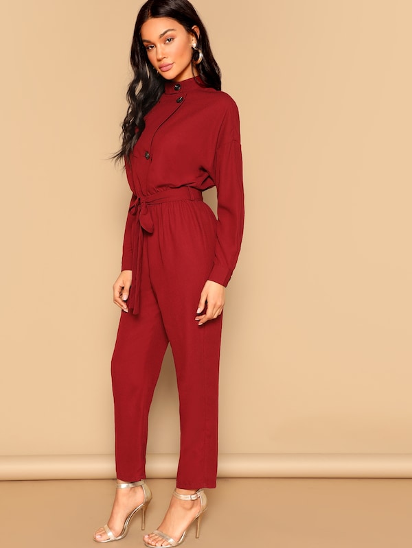 Drop Shoulder Button Front Self Belted Jumpsuit