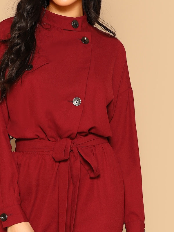 Drop Shoulder Button Front Self Belted Jumpsuit